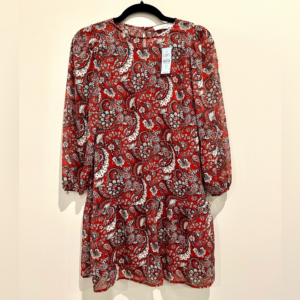 Loft Babydoll Long Sleeve Dress Silver Sparkle Paisley Short New Size XXS Petite